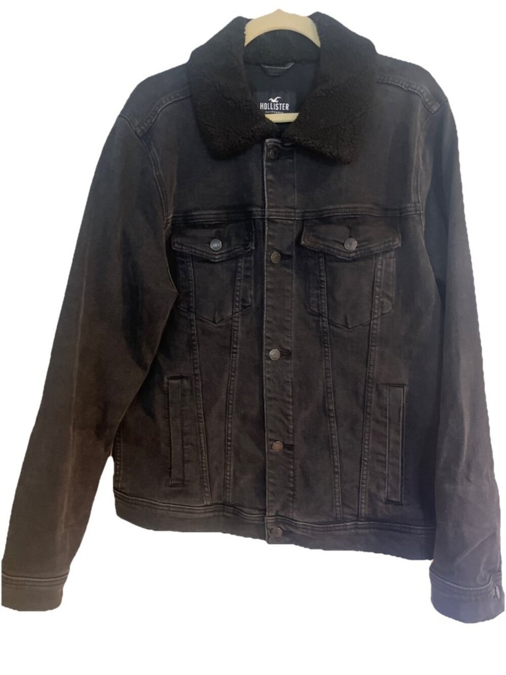 Hollister Sherpa Collar Trucker Jacket Men's XL Black Denim Coat Stretch Pockets